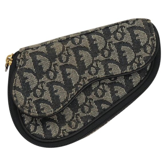 Christian Dior Trotter Canvas Saddle Pouch Navy Gold Auth 120854 - Picture 1 of 16